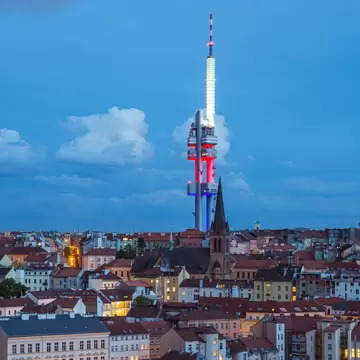 Cityscape of Prague overlooking the district of Zizkov and the TV tower. Prague, Czech Republic. 