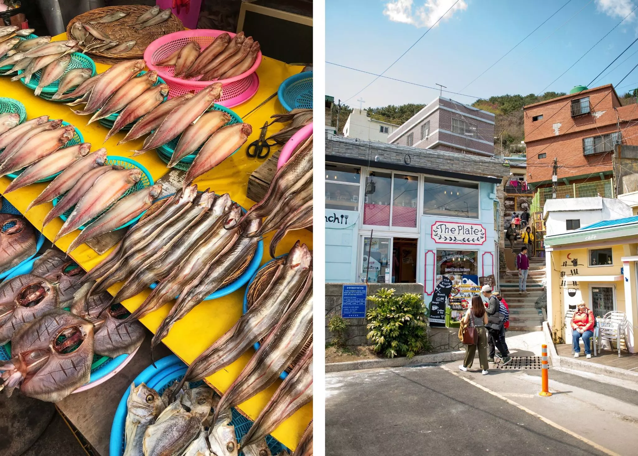 Left: Rows of dried fish on display at a Korean market. Right: Tourists walk around a colorful historic village