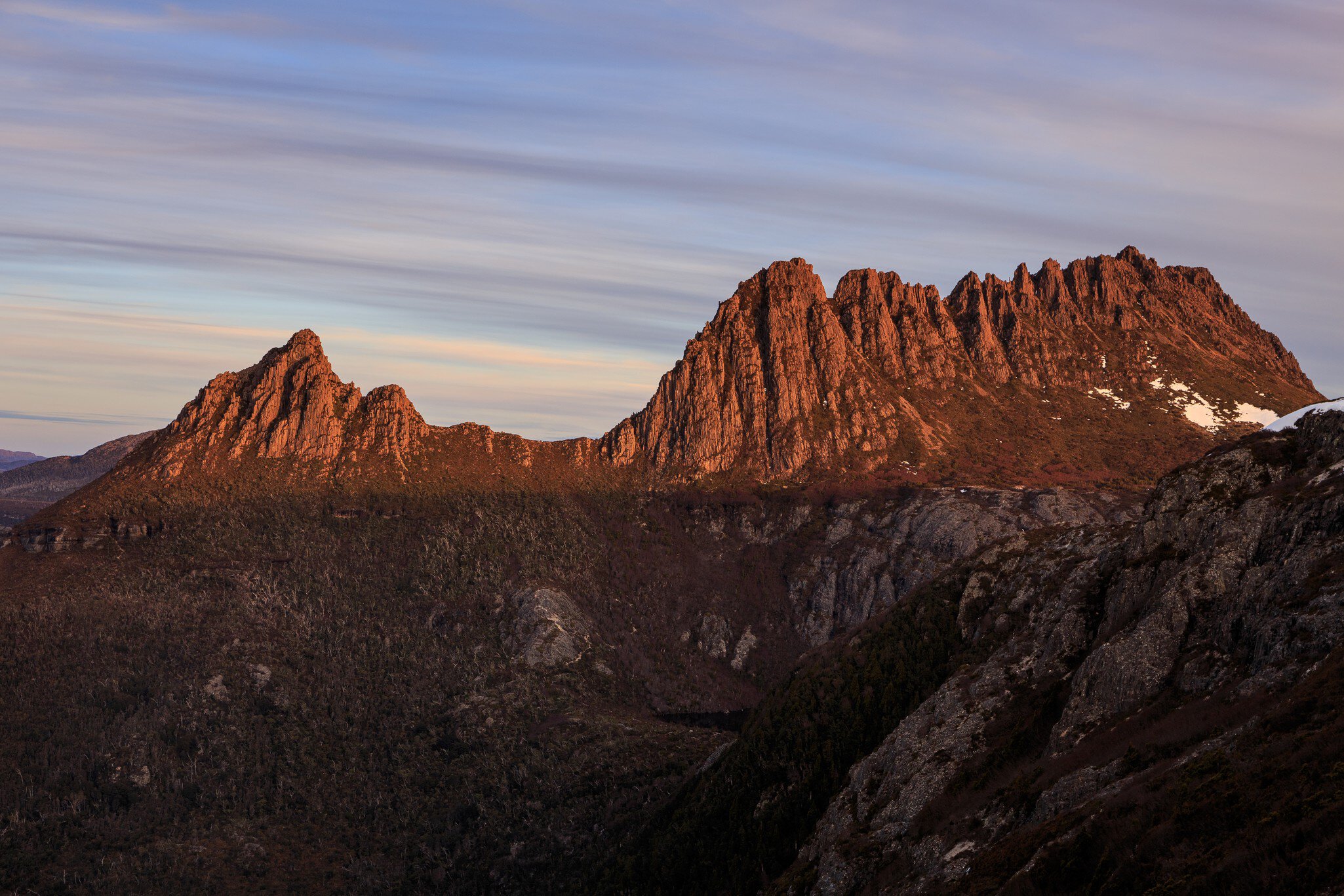 View of the sunset at Cradle Mountain - Lake St Clair National Park in Tasmania, Australia.