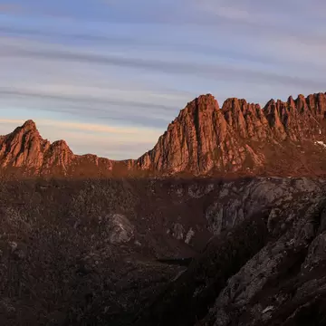 View of the sunset at Cradle Mountain - Lake St Clair National Park in Tasmania, Australia.