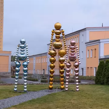 Karlovy Vary, Czech Republic. Glass creations outside Moser museum and factory in Karlovy Vary, Czech Republic.