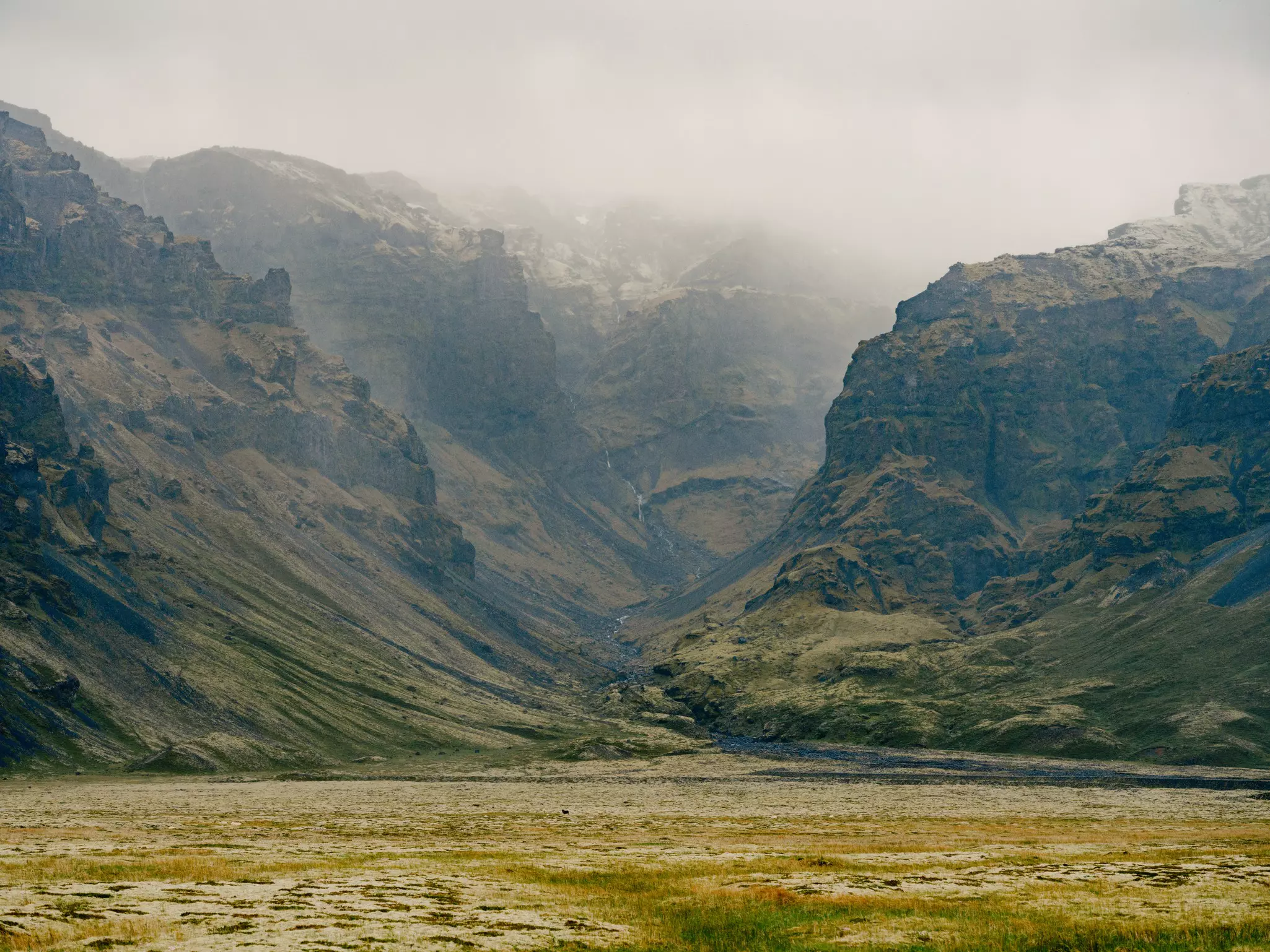 A glacier descends from cliffs and rocky mountain to a grassy plain below.