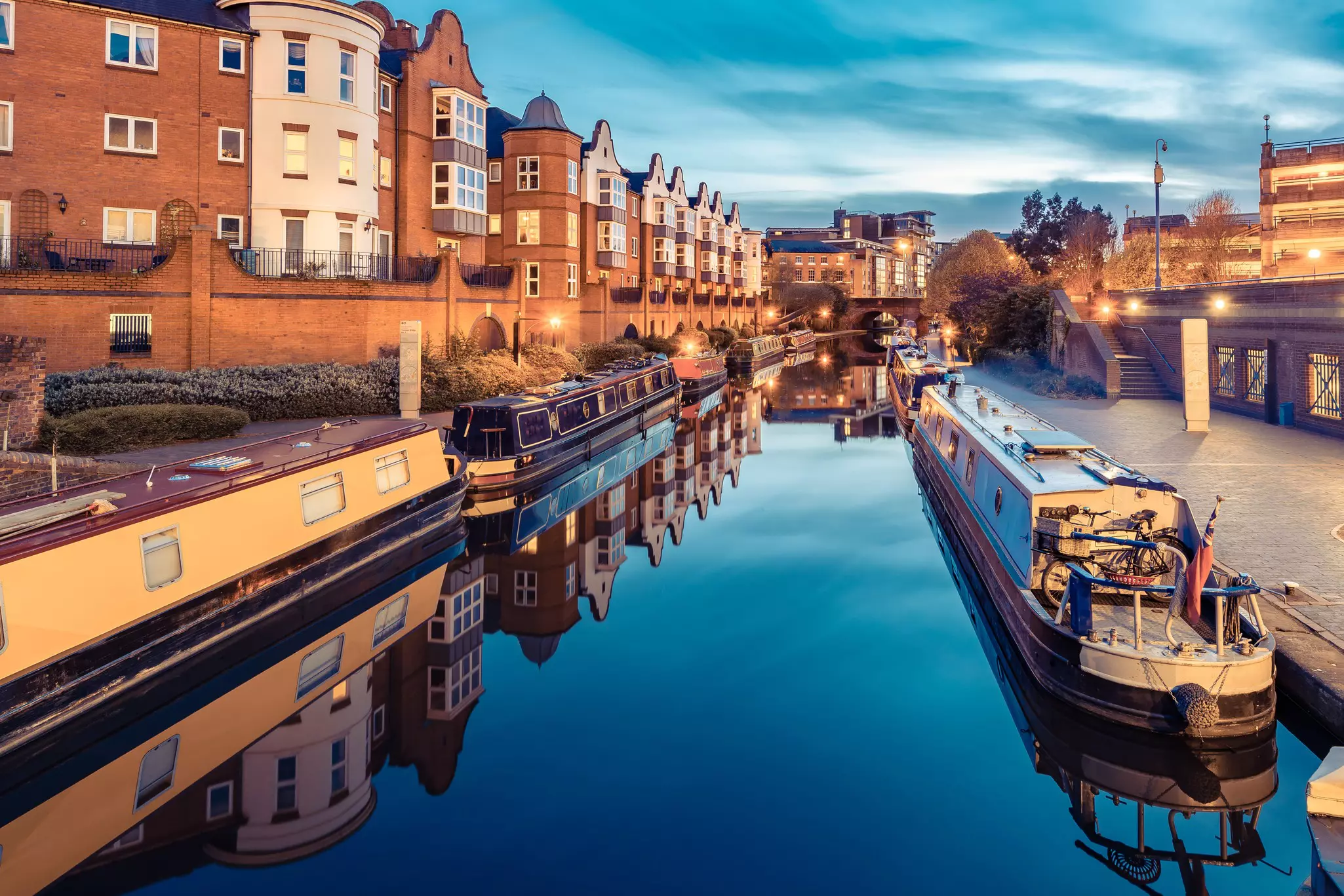 Birmingham Canals are famous: Narrowboats moored on a Birmingham canal.