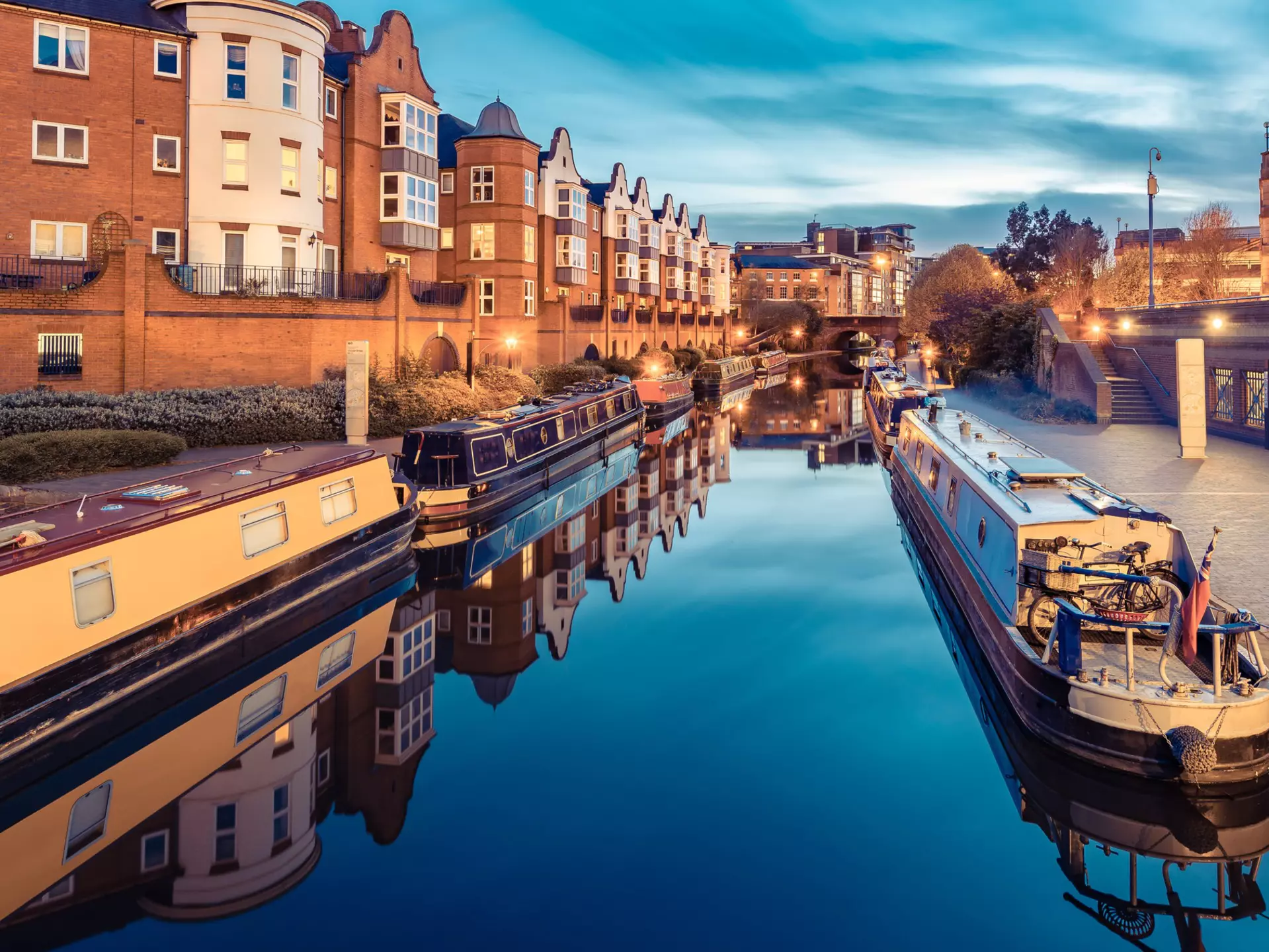 Birmingham Canals are famous: Narrowboats moored on a Birmingham canal.