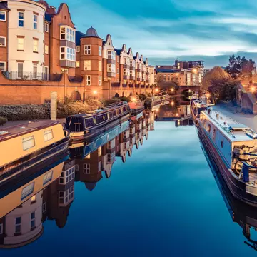 Birmingham Canals are famous: Narrowboats moored on a Birmingham canal.