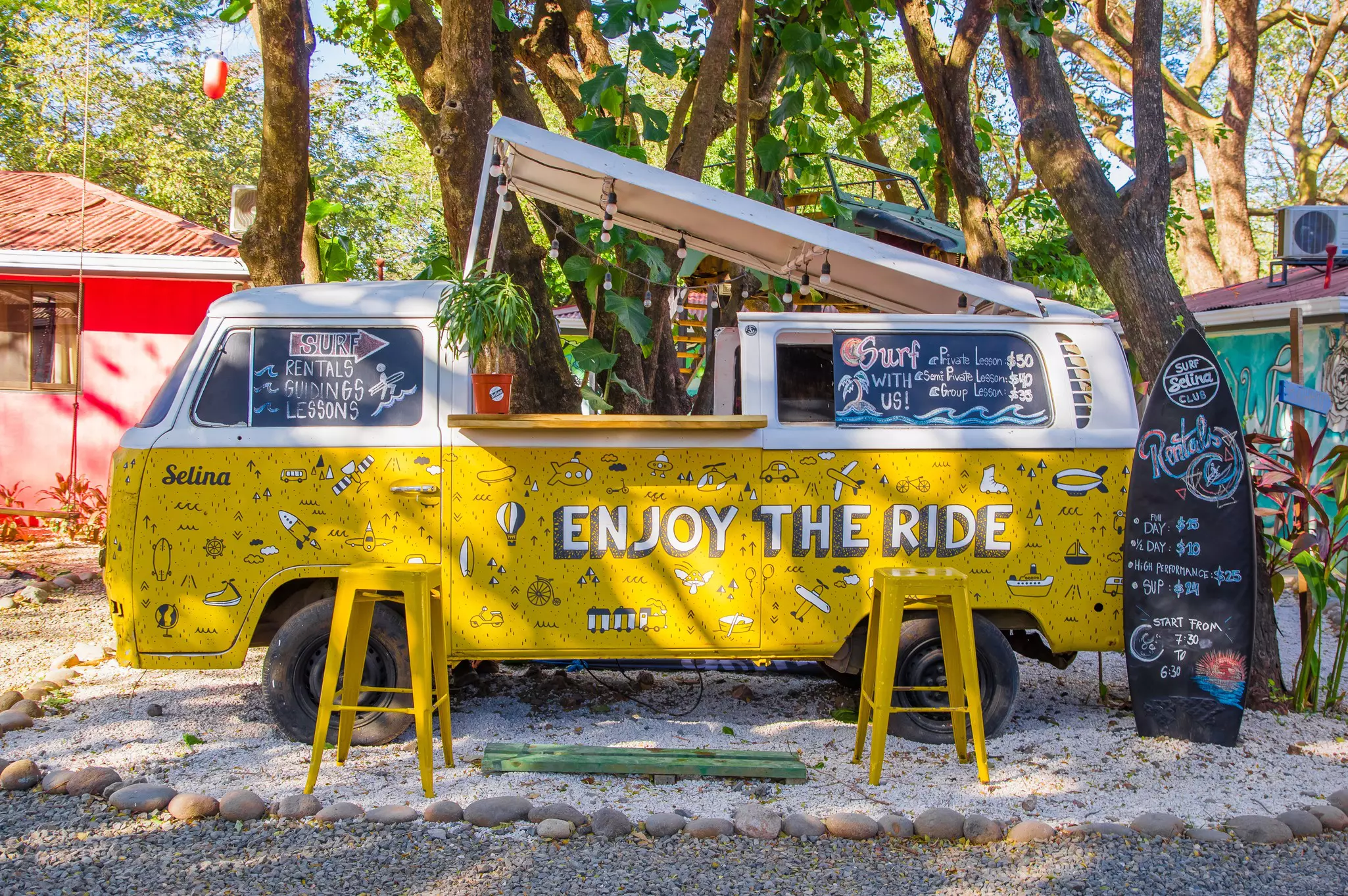 A van parked out side a a hostel in Tamarindo, Costa Rica.