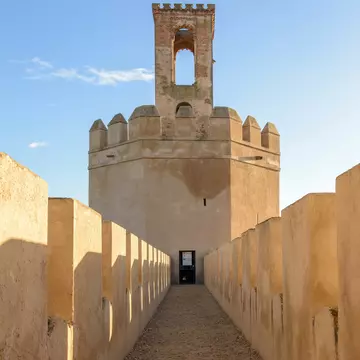 View of a tower of the Alcazaba in Badajoz, Spain.