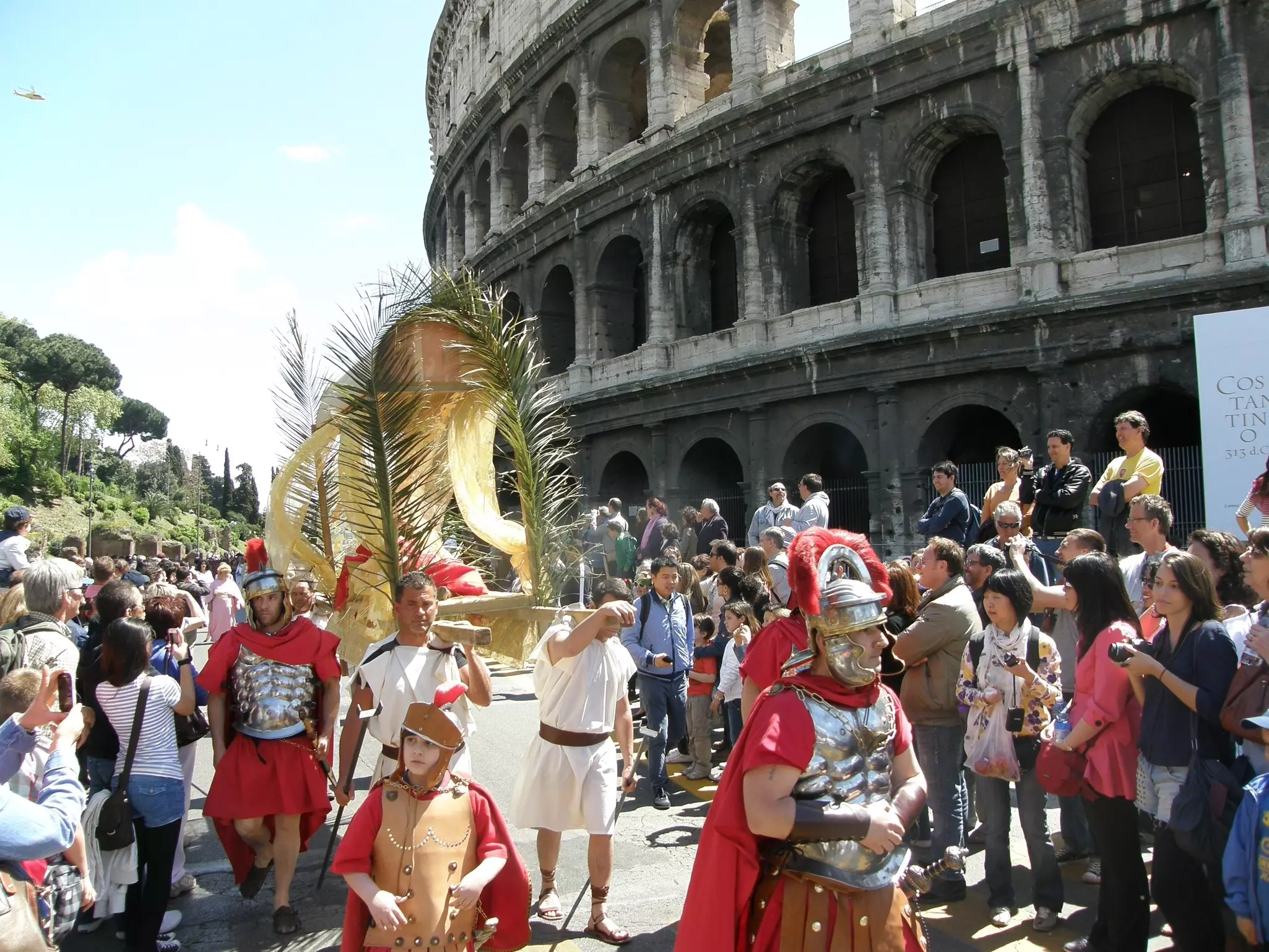 Actors dressed as gladiators outside the Colosseum during a festival in Rome