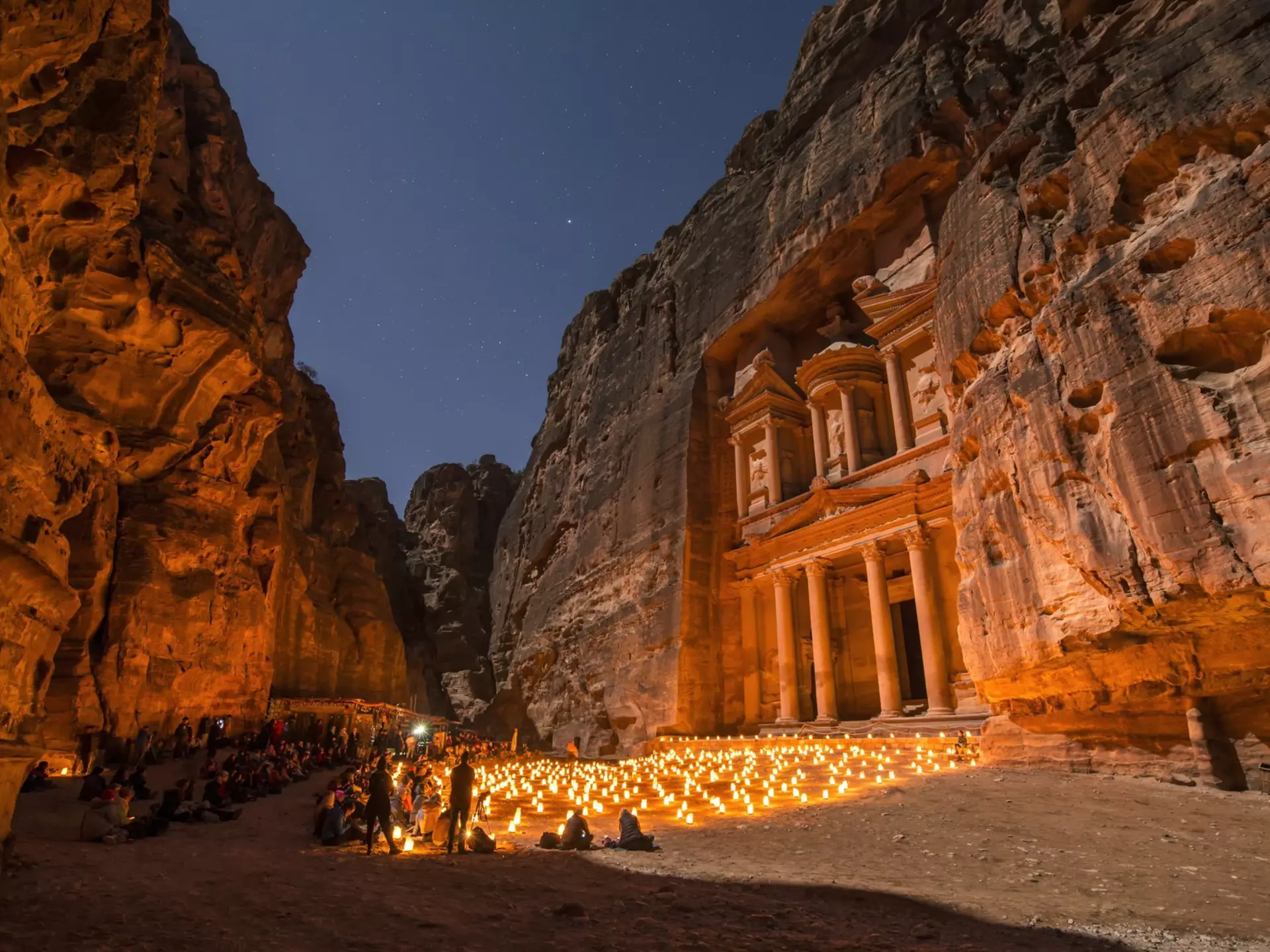 The Treasury in the ancient city of Petra bathed in candlelight. Paul Biris/Getty Images