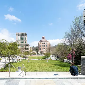 Back of young hipster millennial man sitting looking at buildings, courthouse and green Pack Square Park in hippie North Carolina NC famous town, city in the mountains, talking on phone