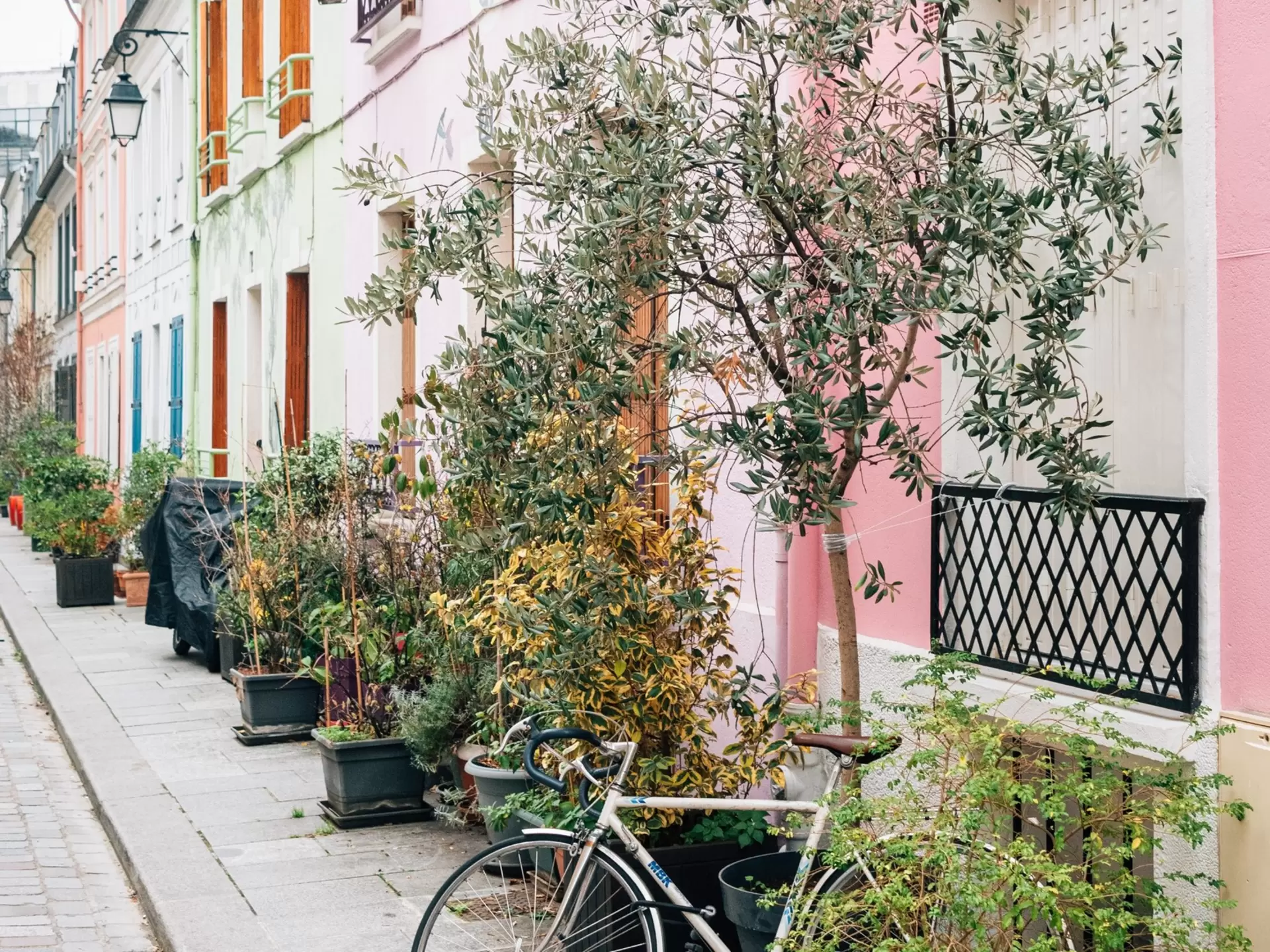 Colorful houses along Rue Cremieux in Paris, France