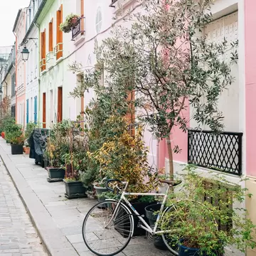 Colorful houses along Rue Cremieux in Paris, France