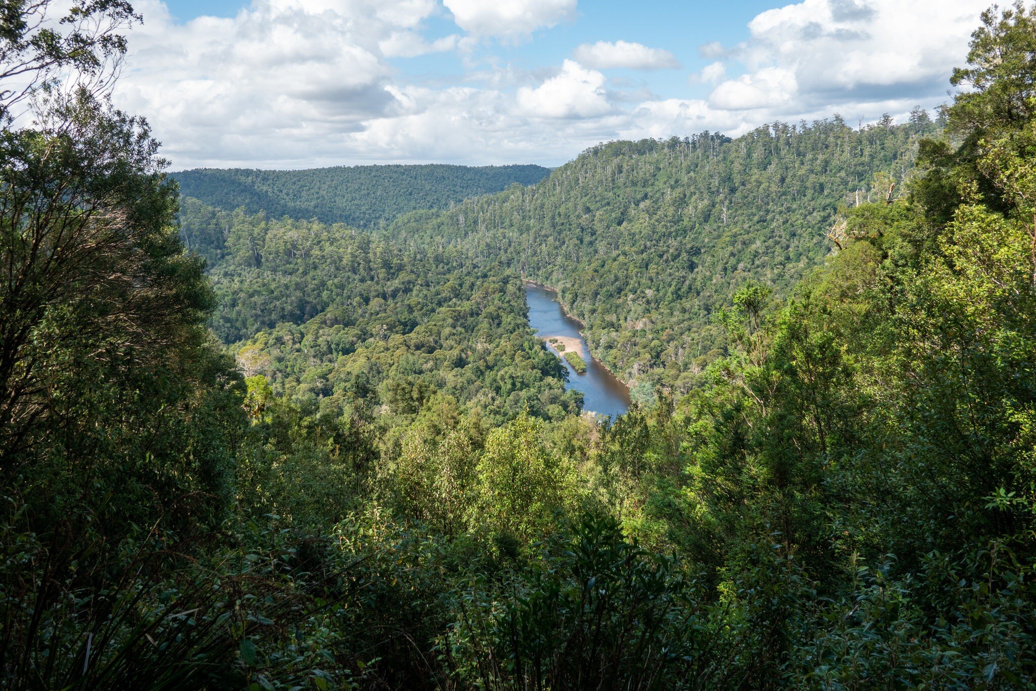 View from the Sumac lookout, looking down onto Arthur River in the Tarkine region of northwest Tasmania, Australia.