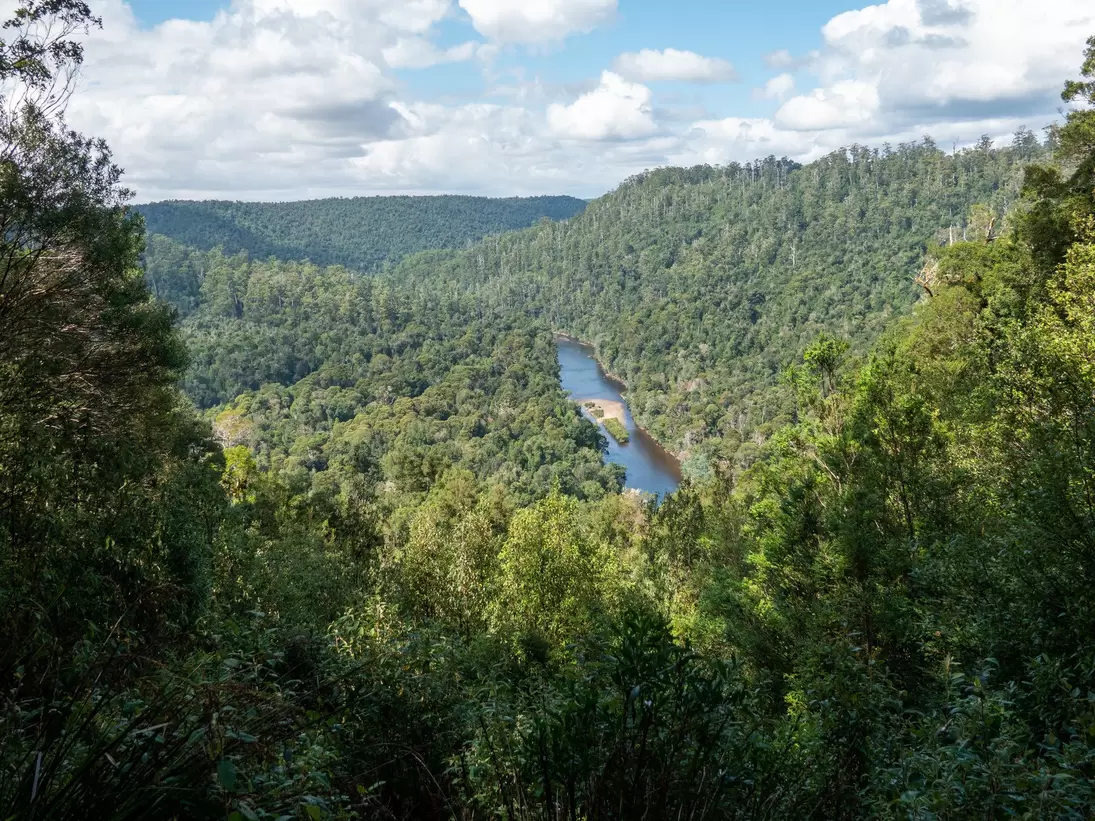 View from the Sumac lookout, looking down onto Arthur River in the Tarkine region of northwest Tasmania, Australia.