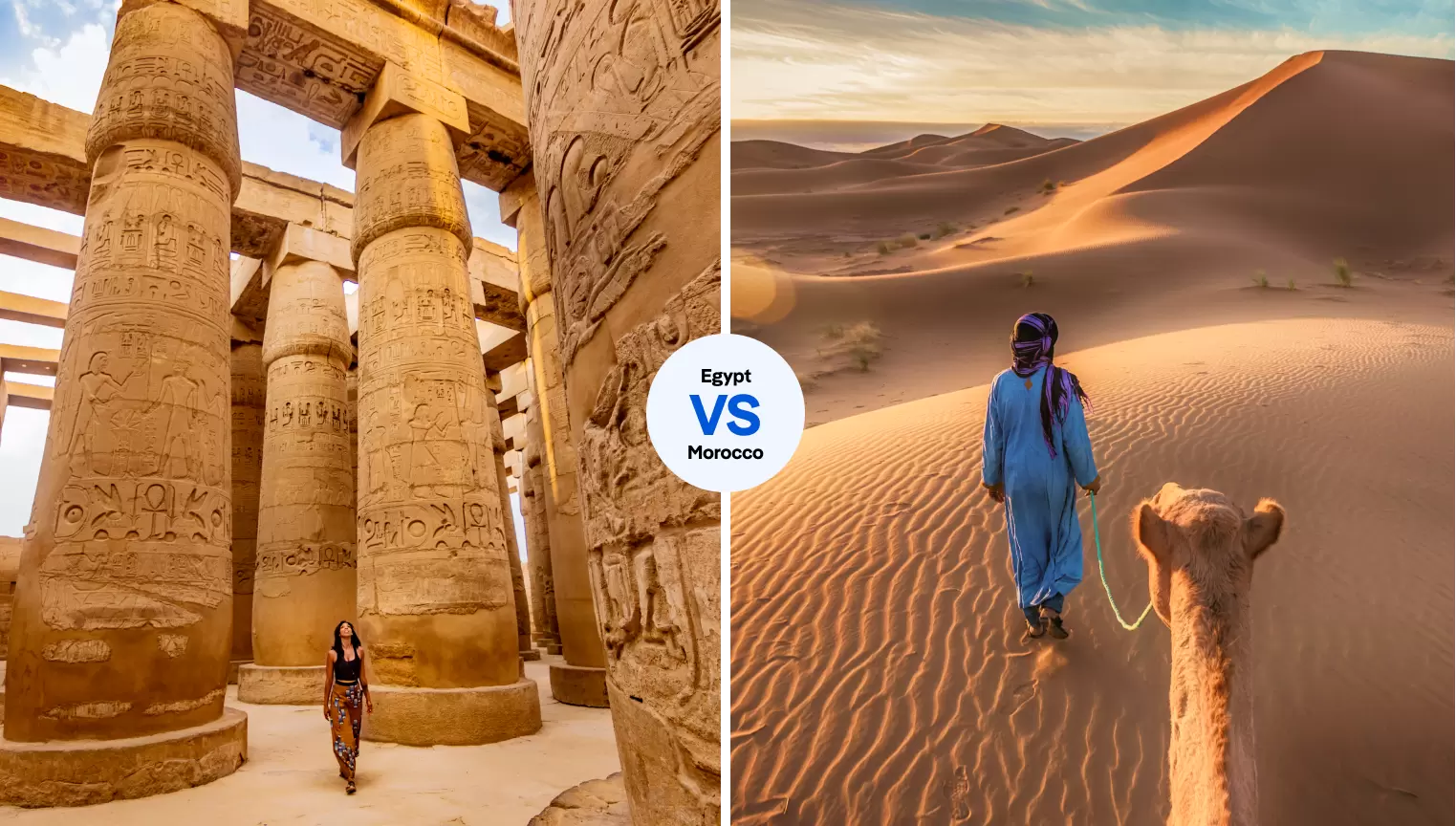 Left: Karnak Temple in Luxor, Egypt. Right: The Sahara in Morocco.  iStock