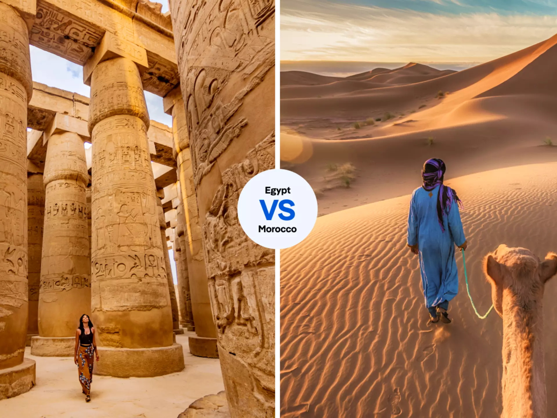 Left: Karnak Temple in Luxor, Egypt. Right: The Sahara in Morocco.  iStock