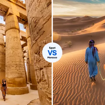 Left: Karnak Temple in Luxor, Egypt. Right: The Sahara in Morocco.  iStock