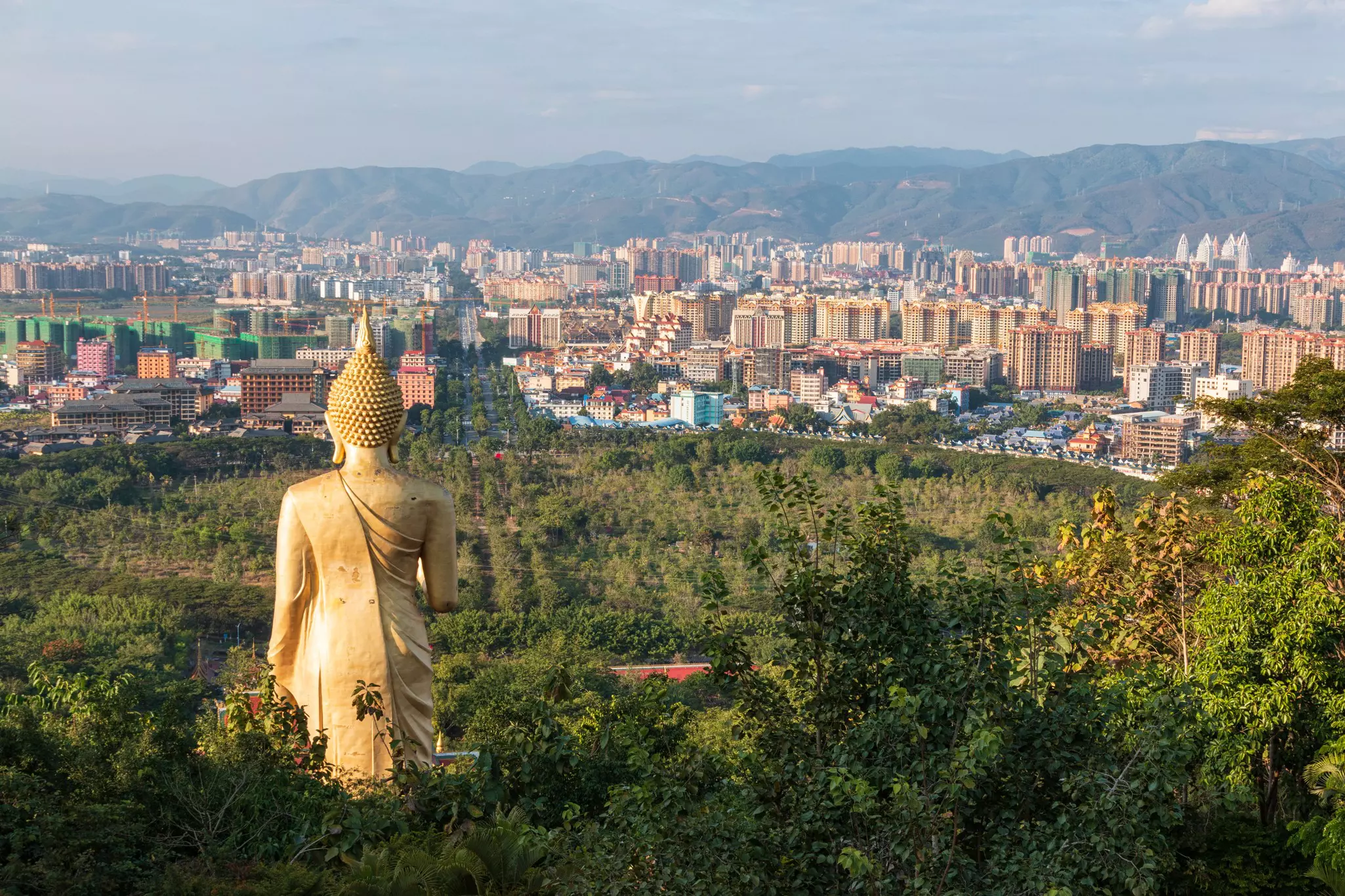 A large gold buddha stands high above the tree level looking towards a city backed by mountains.