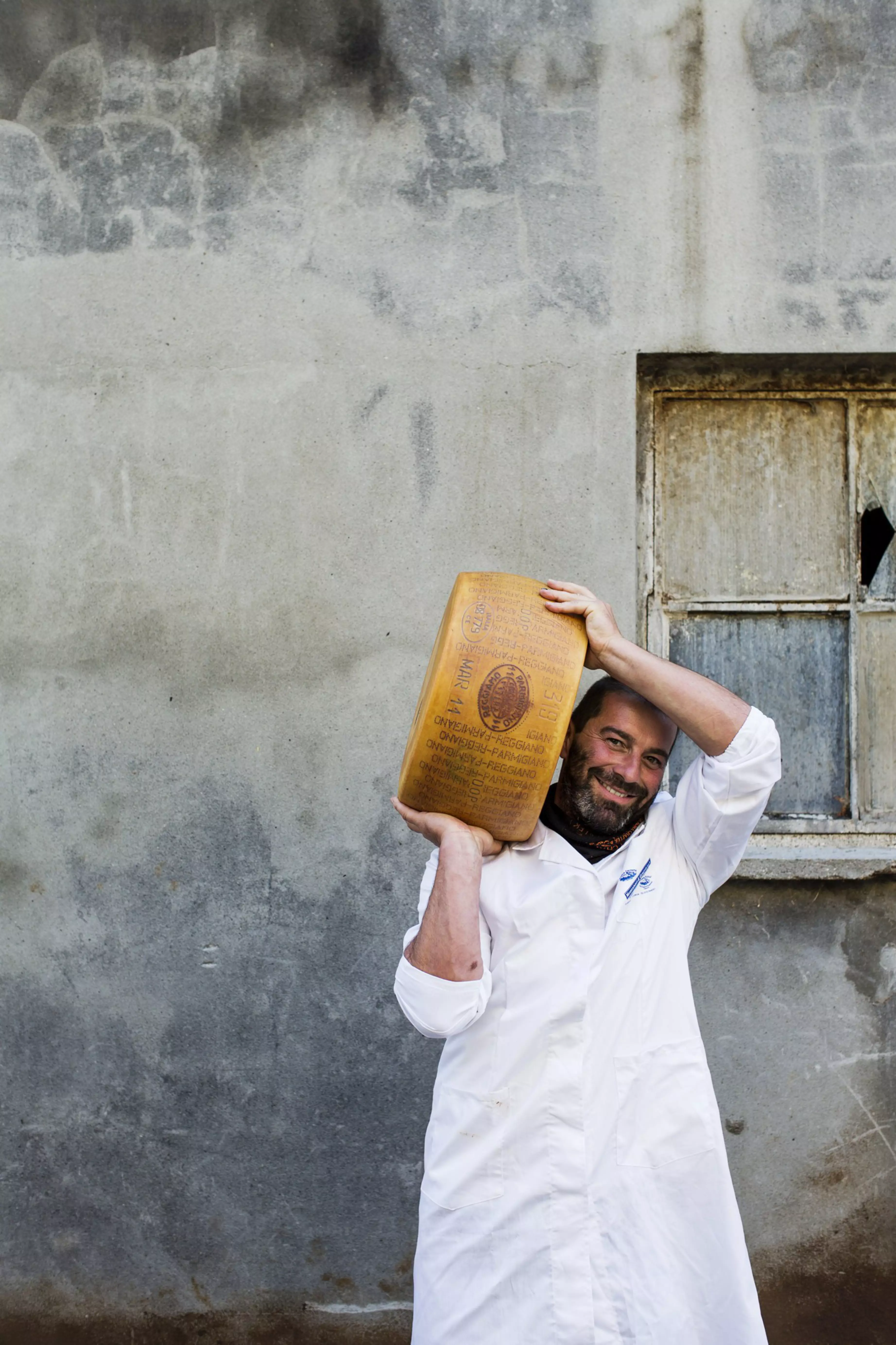 Cheese makers at Parmesan dairy farm Fattoria Marchesini, Emilia-Romagna, Italy.