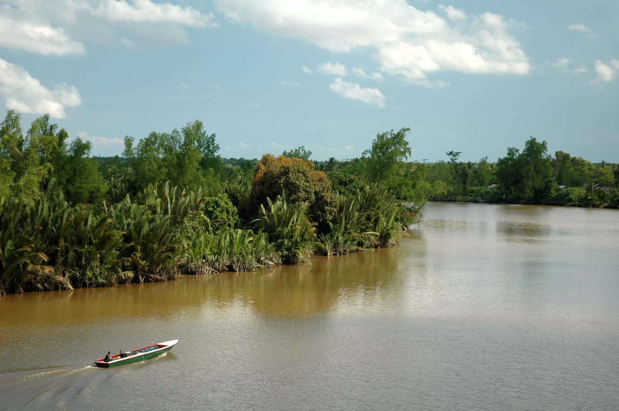 A wide shot of a small boat traveling up a river with lush vegetation on its banks.