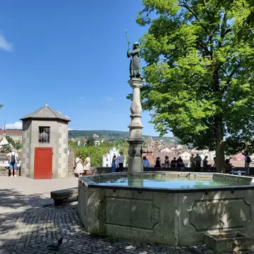 Stone fountain topped by a bronze figure with a spear, a big leafy tree and visitors at a low wall overlooking rooftops