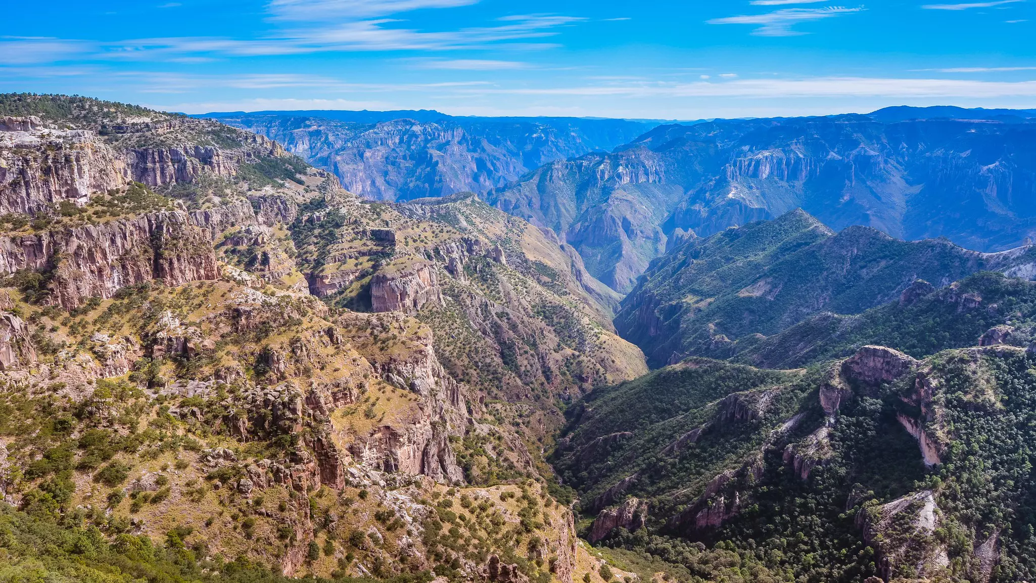 Rolling peaks and valleys of a vast canyon landscape.