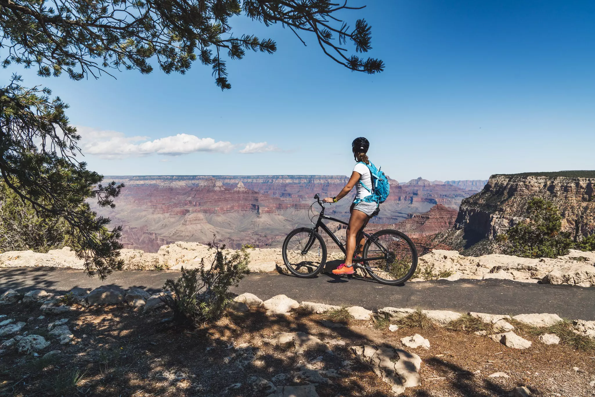 Young woman cycling through Grand Canyon park
