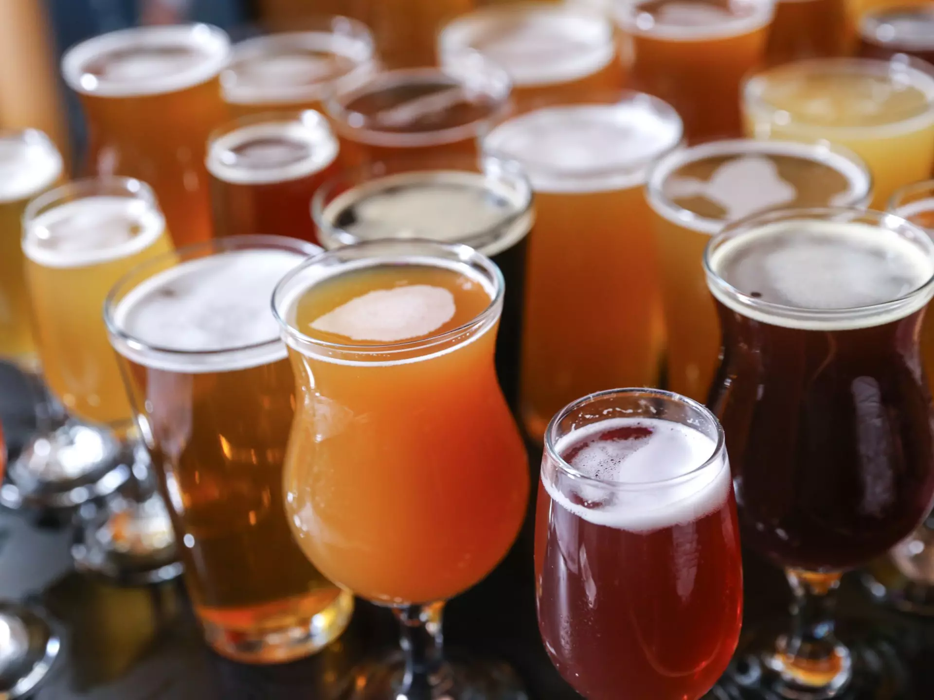 A cluster of glasses holding different varieties of craft beer
