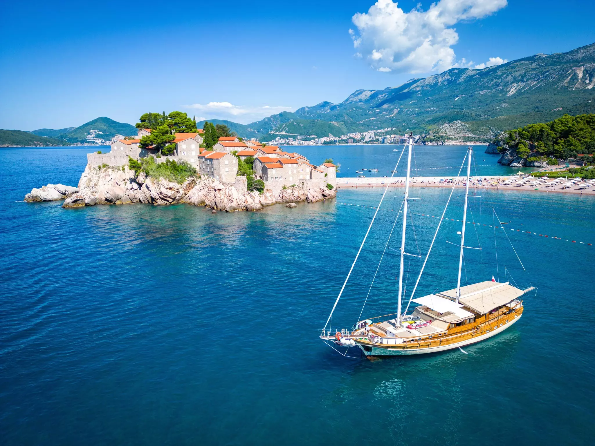 Adriatic beach by the island of Sveti Stefan near Budva in Montenegro.