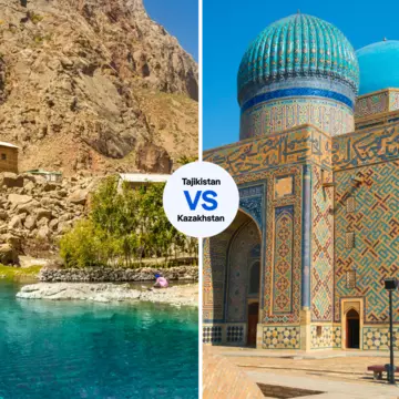 Tajikistan and Kazakhstan each offer unique travel experiences. Left, Stefano Zaccaria/Shutterstock. Right, JOMA.image/Shutterstock