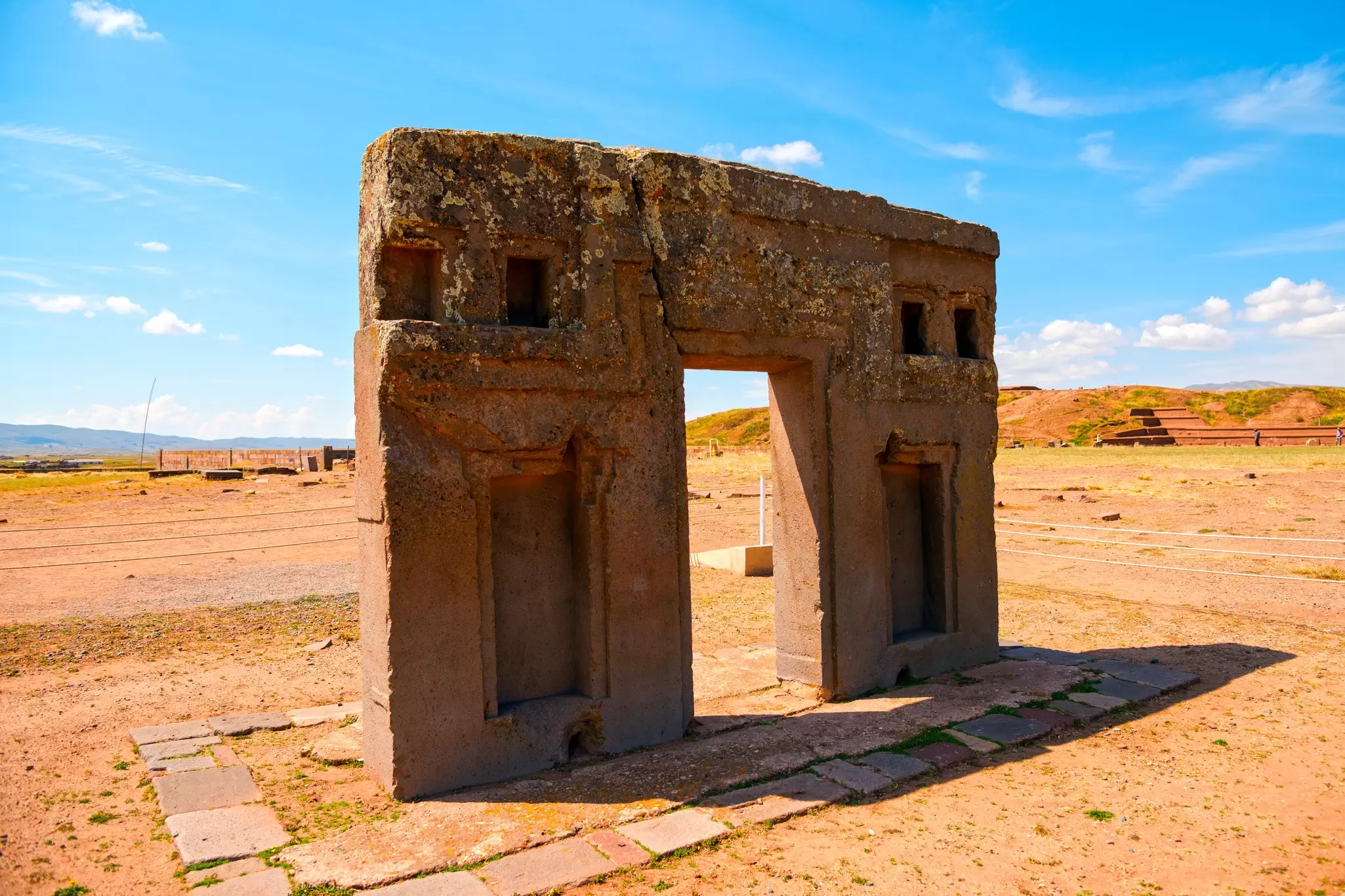 The back of the Gate of the Sun in Tiwanaku is a pre-Columbian archaeological site in western Bolivia.