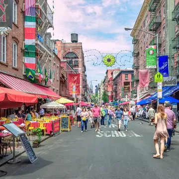 New York, NY, USA - July 14 2014: Mulberry Street in Little Italy district, Lower Manhattan., License Type: media, Download Time: 2025-11-26T20:16:04.000Z, User: LP_YKhanna, Editorial: true, purchase_order: 65050 - Digital Destinations and Articles, job: LP, client: App Content, other: Yuvraj Khanna