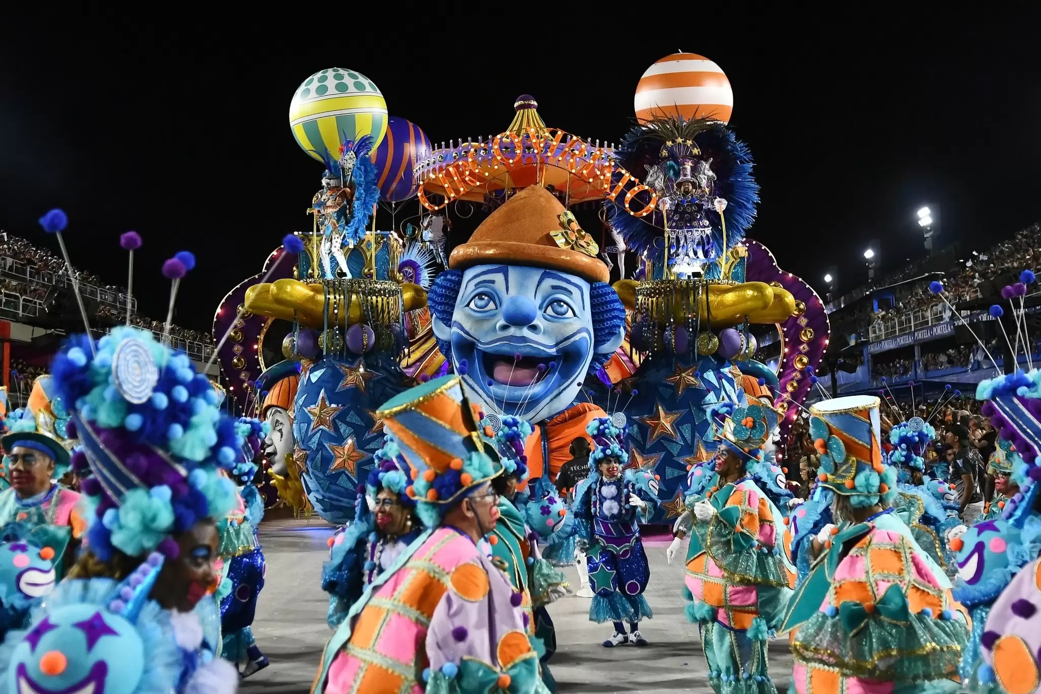View of the parade cars of the samba schools of the special group during the carnival in Rio de Janeiro.