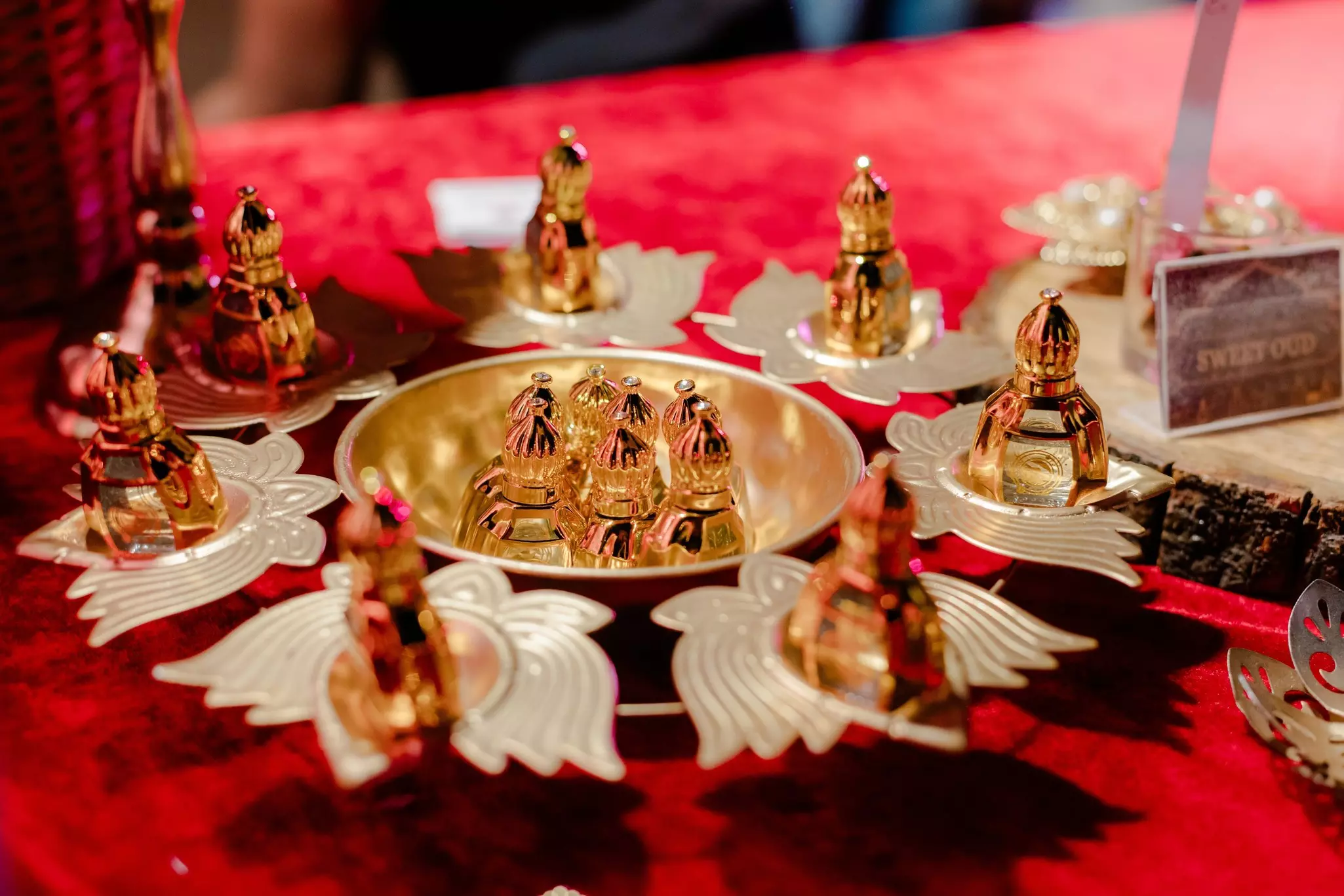 Bottles on a red surface