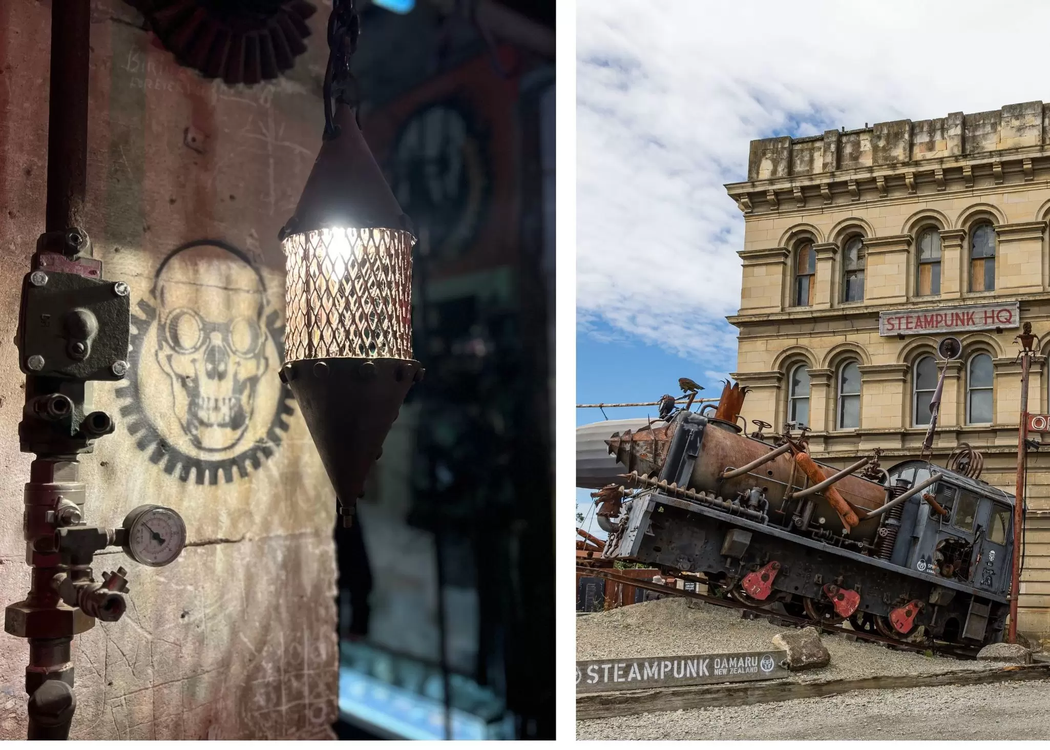 Diptych mix of Steampunk artwork and outside Steampunk HQ in Ōamaru's Victorian Precinct