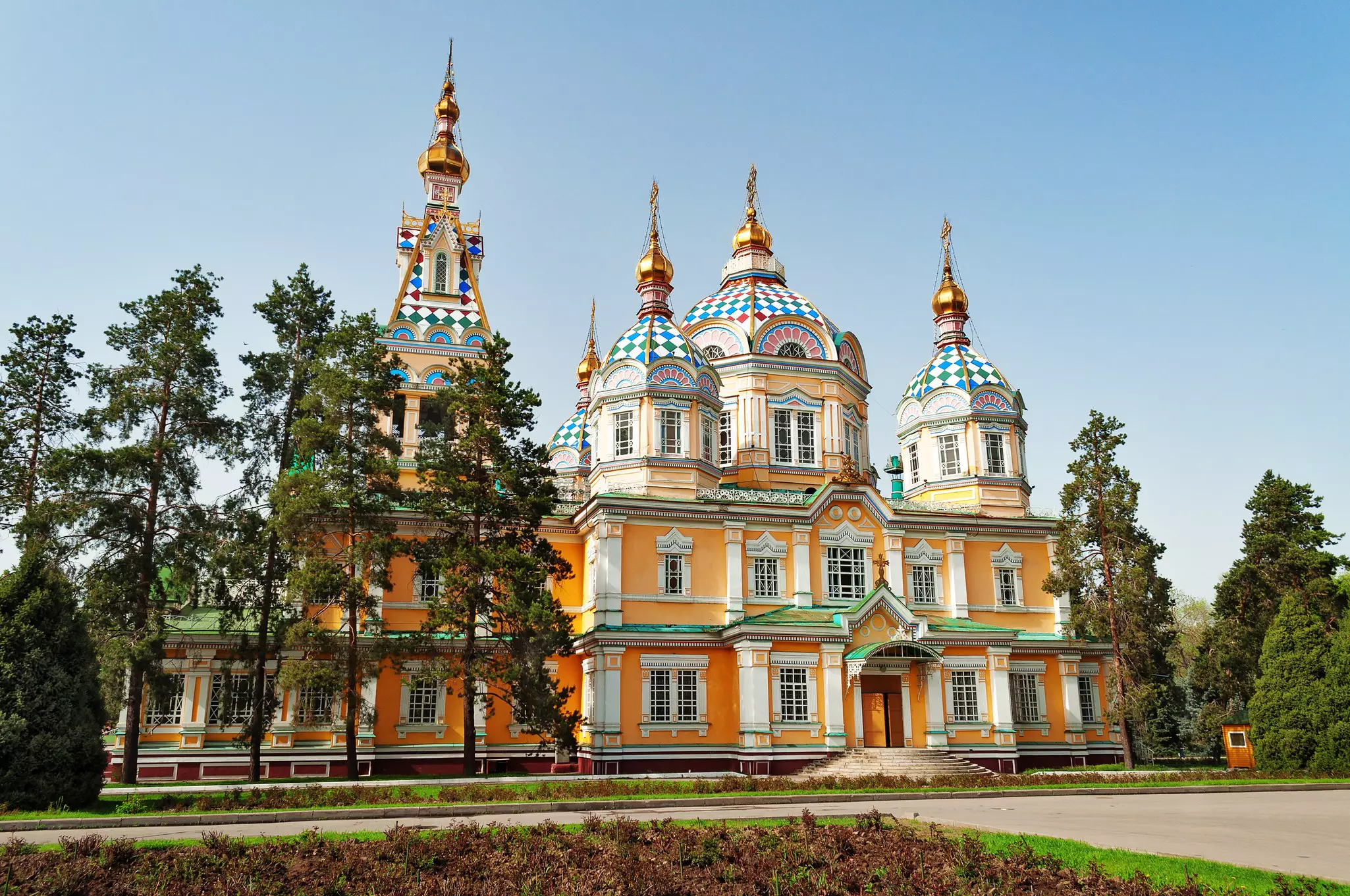 The colorful facade of Ascension Cathedral in Almaty, Kazakhstan