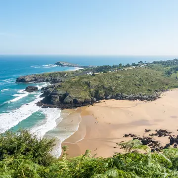Aerial views of the Playa Sonabia while hiking the Camino de Santiago in Oriñon, Cantabria, Spain; Shutterstock ID 1382185505;