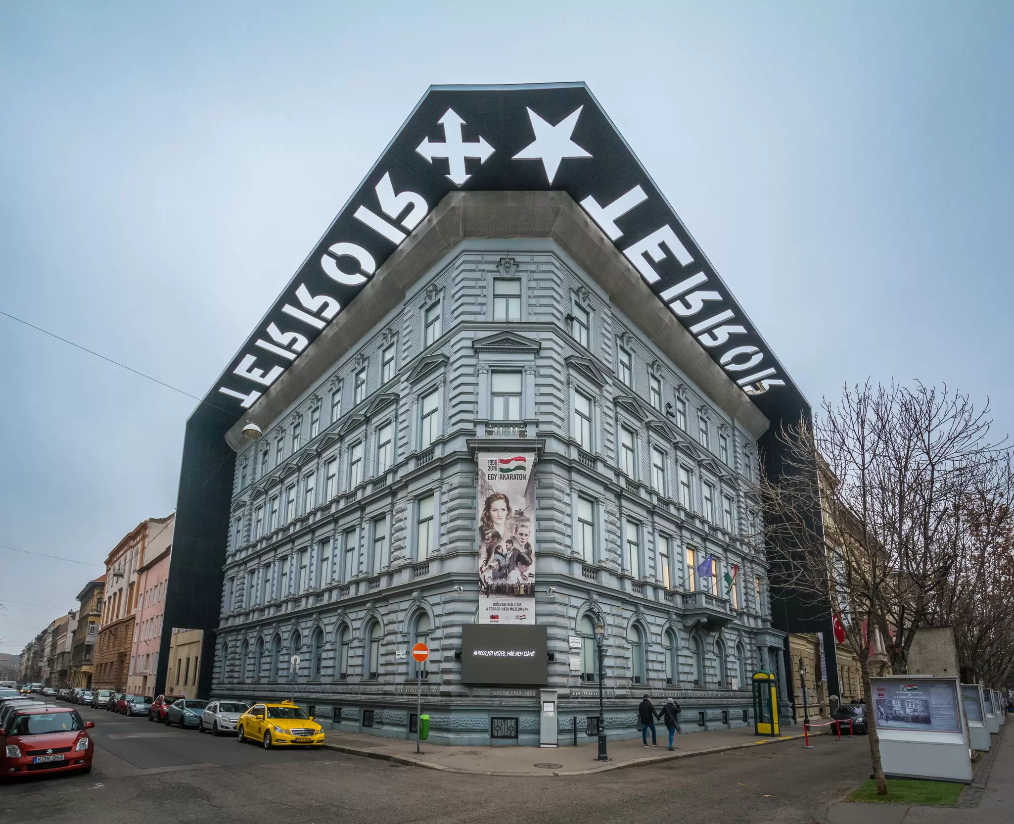 View of the exterior of the House of Terror Museum in Budapest, Hungary.
