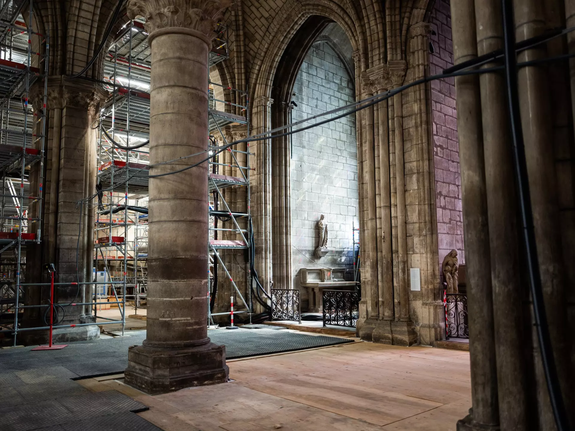 Machinery and scaffolding of construction and renovation work inside the Notre-Dame cathedral in Paris n the third anniversary of a fire that partially destroyed the cathedral. Paris, France. 