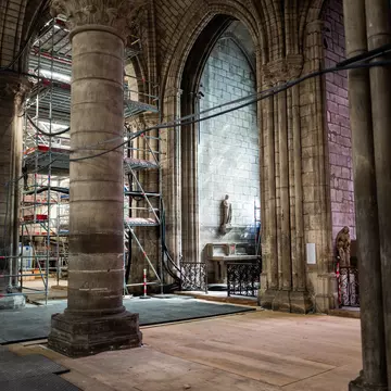 Machinery and scaffolding of construction and renovation work inside the Notre-Dame cathedral in Paris n the third anniversary of a fire that partially destroyed the cathedral. Paris, France. 