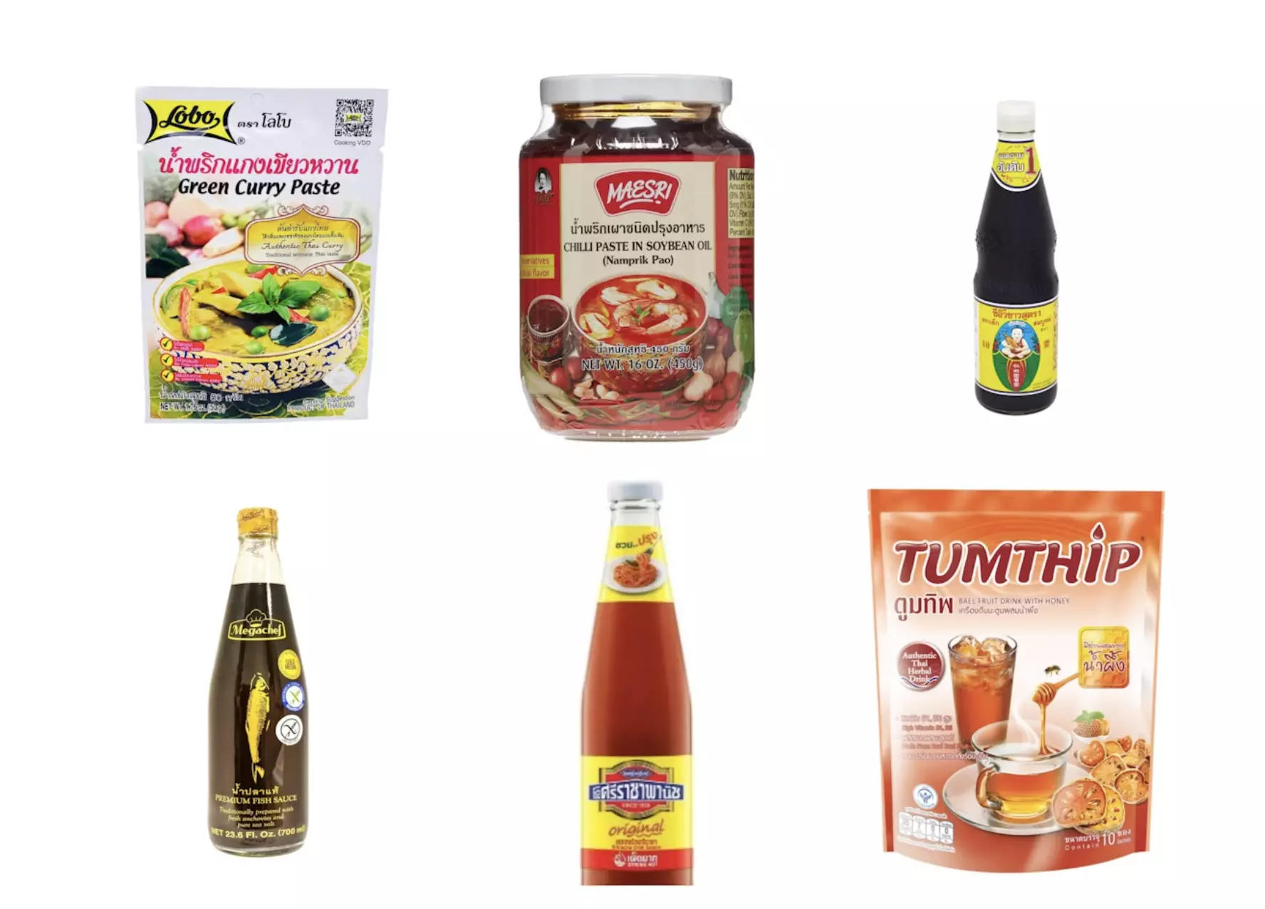 A collage of Thai pantry staples including bottles of sauce and jars of paste