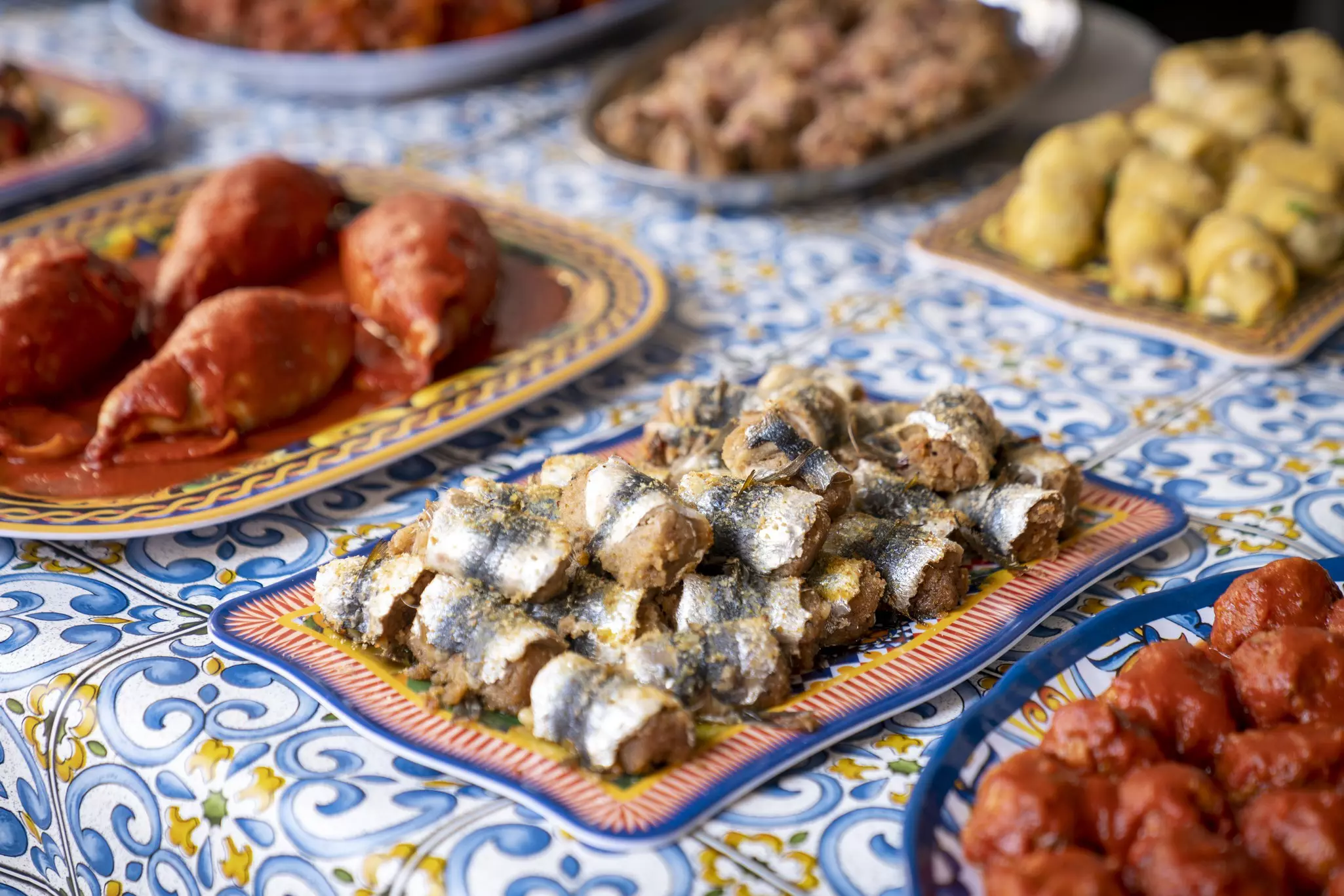 Various types of seafood, appetizingly served plates, close-up, Culinaria, Sicilian food, Sicily, Italy