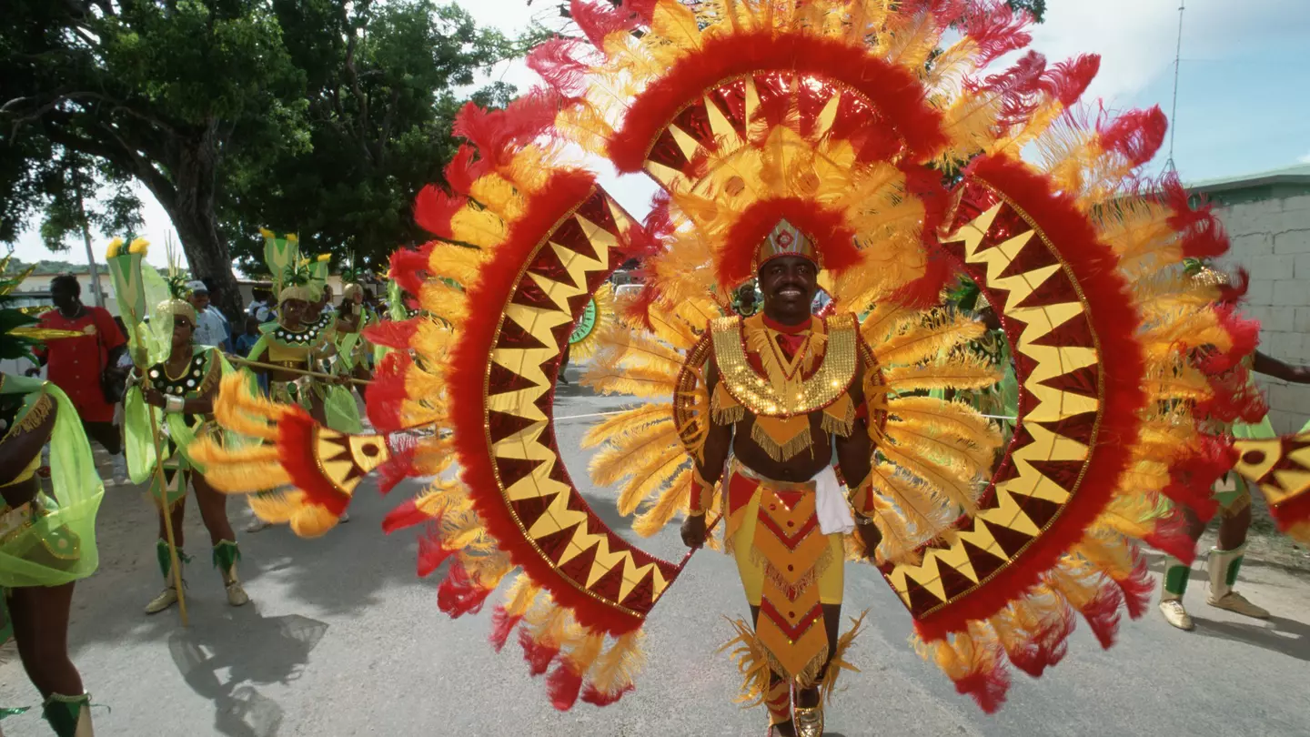 A man participating in a street parade wears a red, yellow and orange outfit covered in feathers.