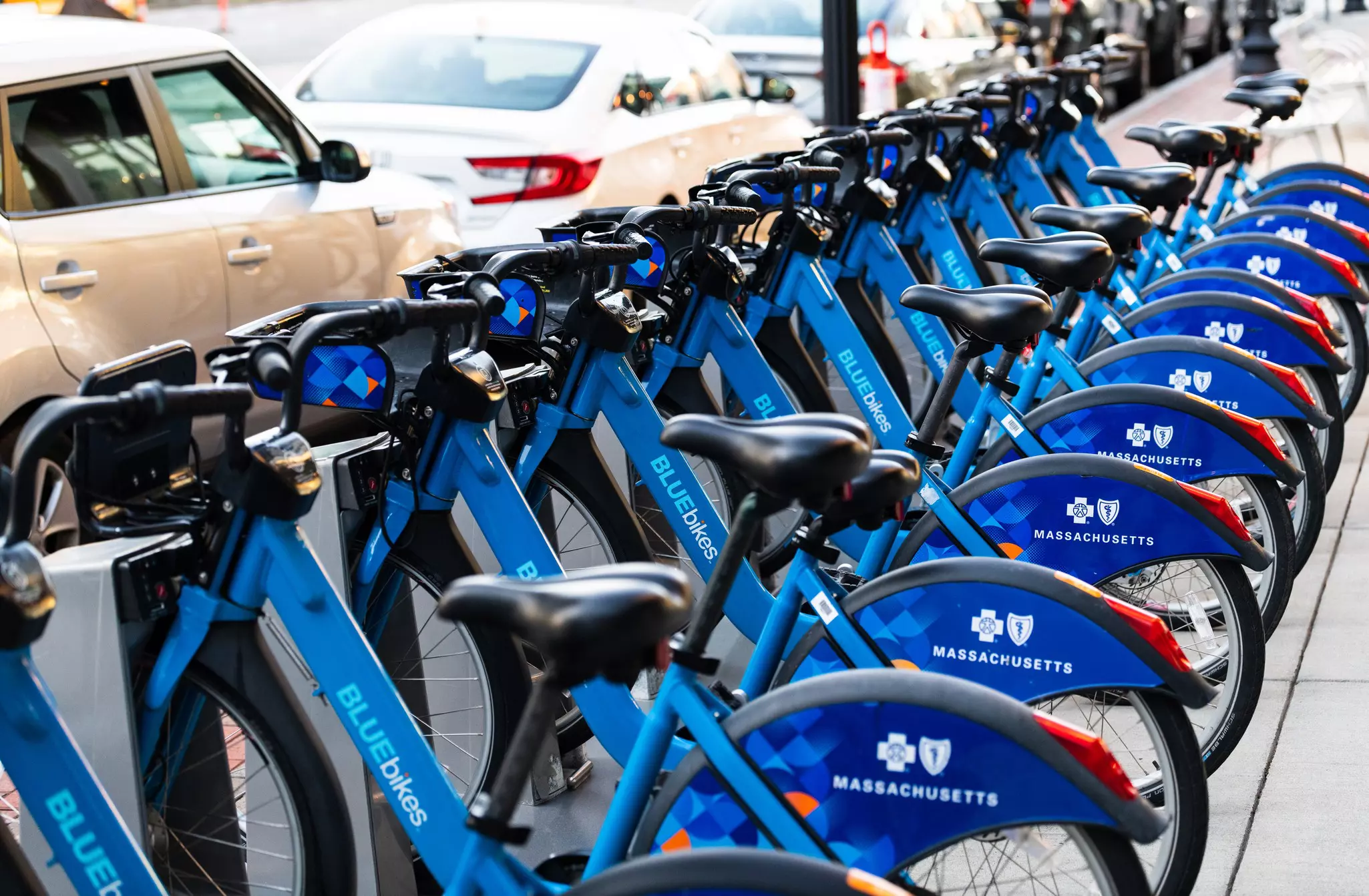 Blue bikes in downtown Boston for biking around the city.