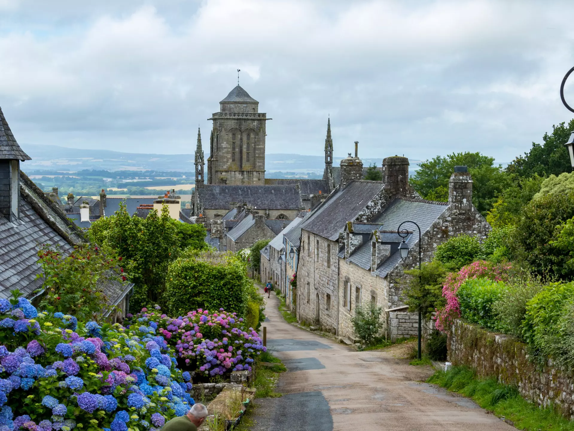 A road through a stone village, with purple flowers blooming on a bush in the foreground.