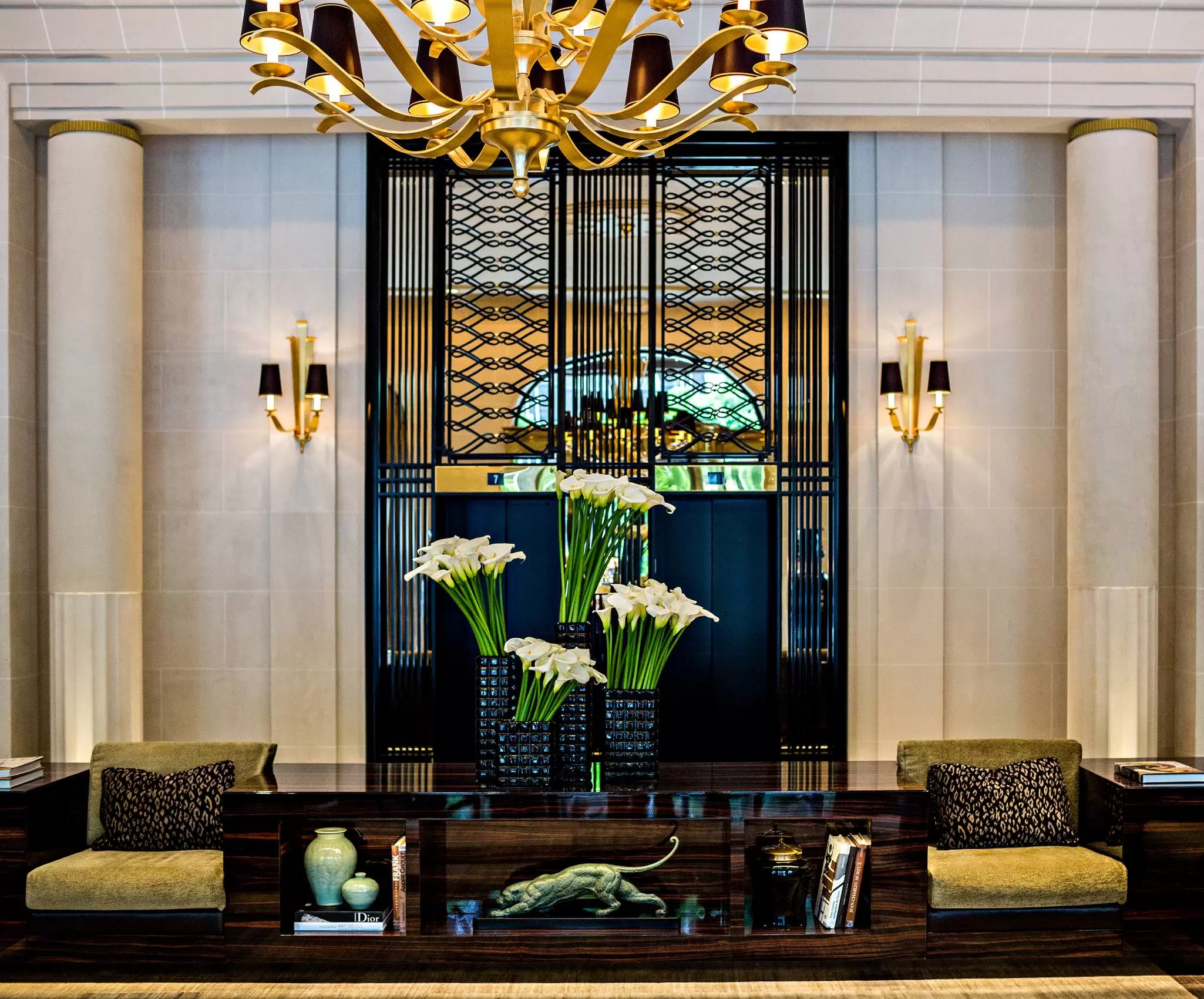 The elegant art deco lobby of the Prince de Galles hotel in the 8th arrondisssement of Paris. Marriott 