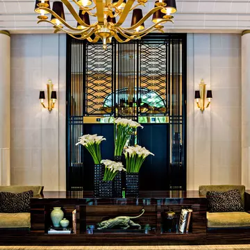 The elegant art deco lobby of the Prince de Galles hotel in the 8th arrondisssement of Paris. Marriott 