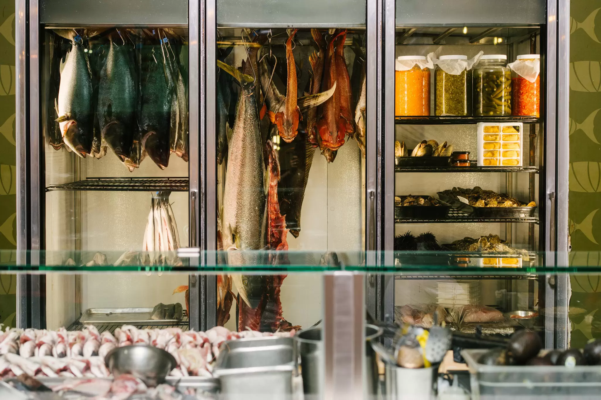 Fresh fish hanging in the kitchen at Holbox in Los Angeles. 