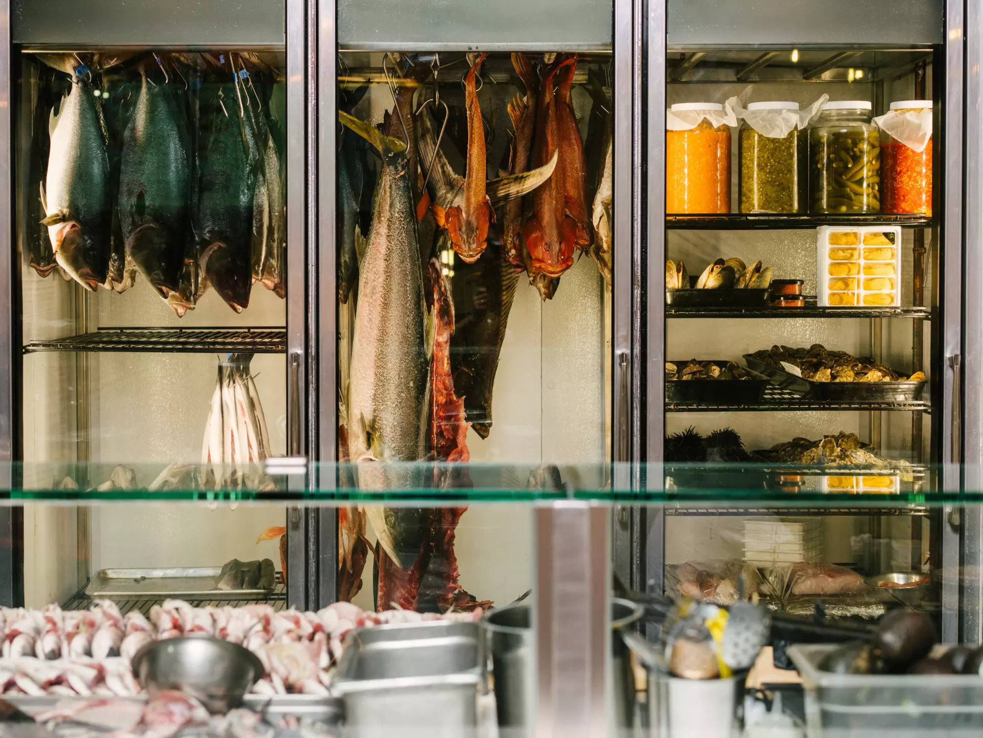 Fresh fish hanging in the kitchen at Holbox in Los Angeles. 
