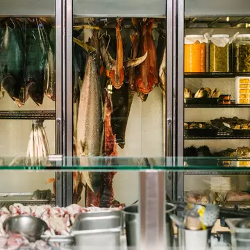Fresh fish hanging in the kitchen at Holbox in Los Angeles. 